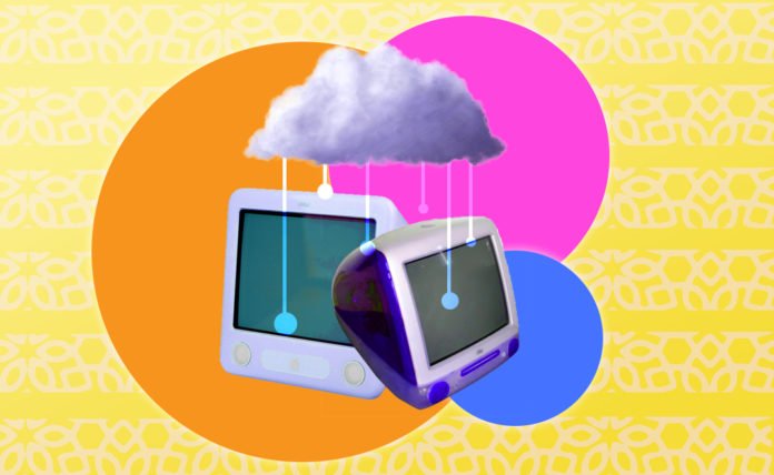 two computer monitors linked together by the cloud