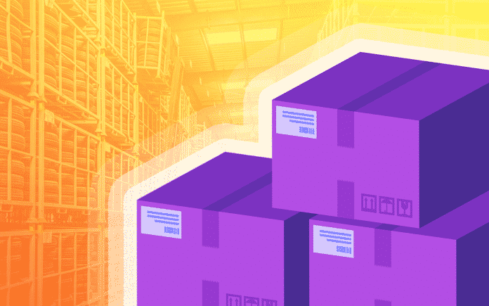 purple cartoon boxes with orange warehouse in background