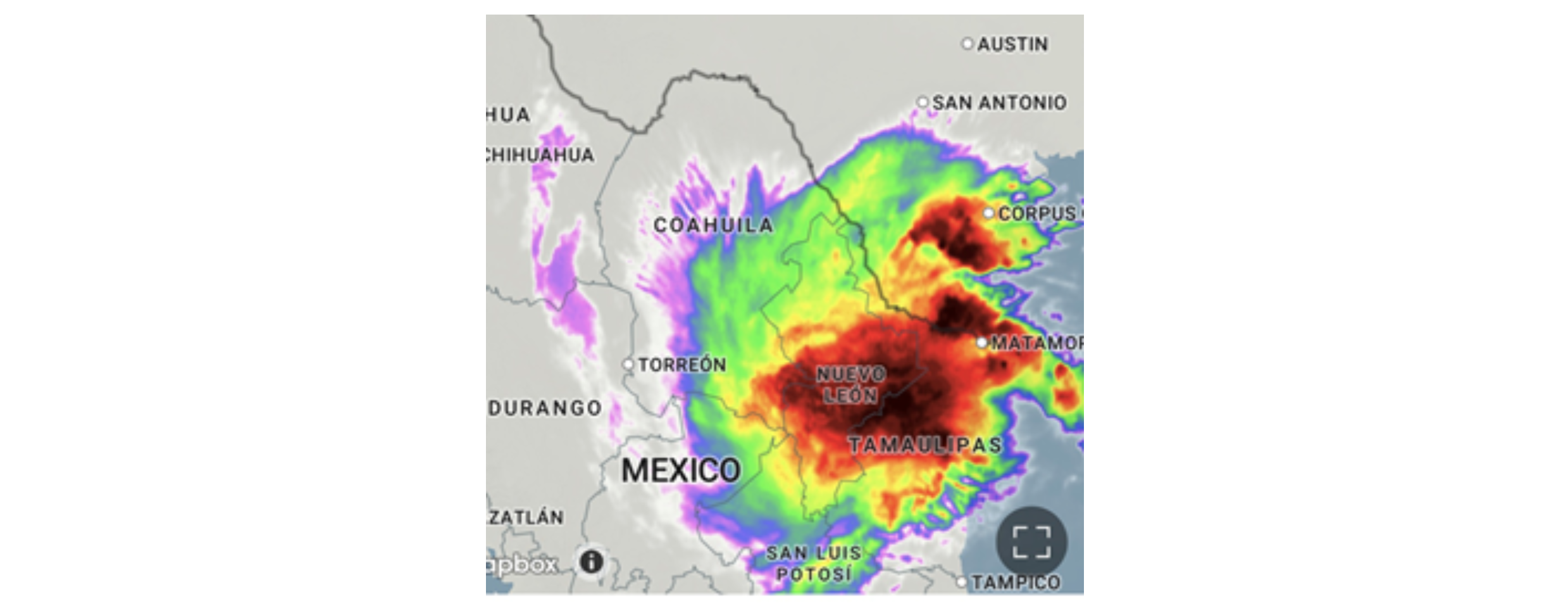 radar image of large rain storm over Monterrey Mexico